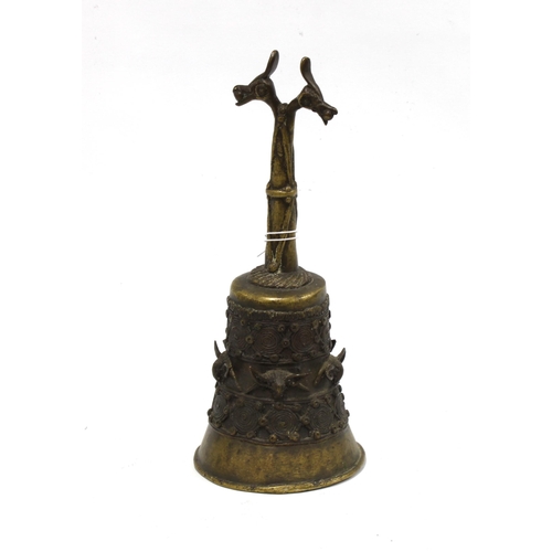 464 - Bronze / brass bell with double headed handle, 28cm