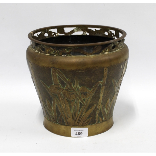 469 - Art Nouveau heavy brass / bronze planter decorated in relief with a frieze of irises, 22cm high