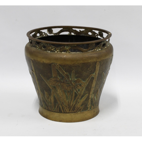 469 - Art Nouveau heavy brass / bronze planter decorated in relief with a frieze of irises, 22cm high