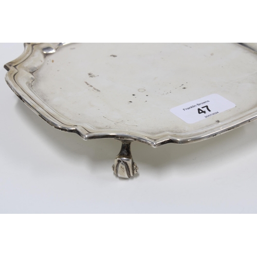 47 - Silver salver, square form with pie crust edge, on four scroll feet, Birmingham 1966, 19cm