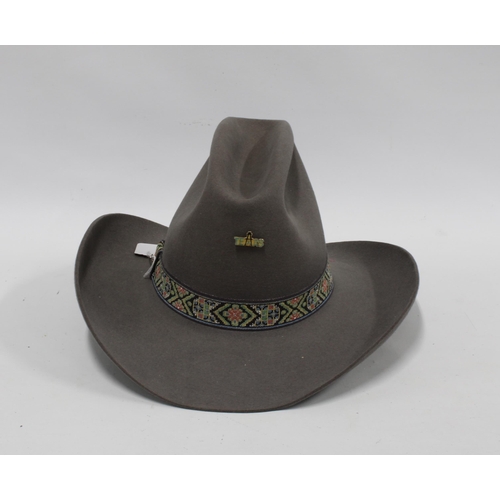 470 - COPPERMINE WESTERN Stetson, grey with ribbon band and a TEXAS badge, Size 7