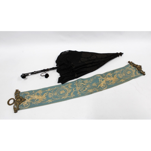 475 - Victorian black silk and lace parasol together with an embroidered bell pull panel (2)