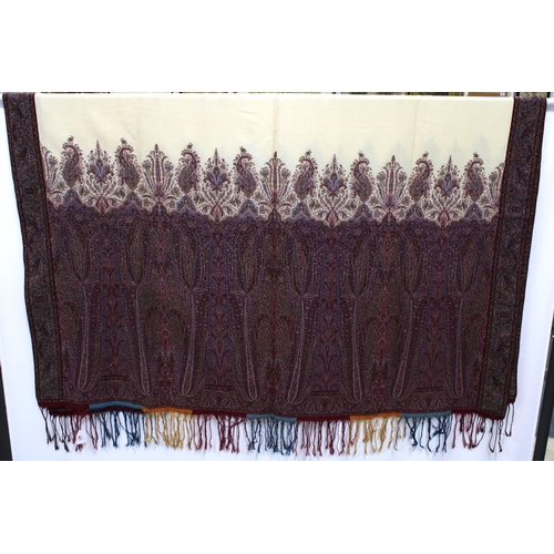 481 - Paisley shawl with cotton centre and embroidered border, fringed ends (a/f) approx 270 x 150cm