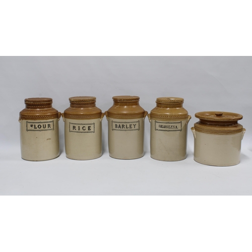 482 - Portobello stoneware kitchen jars to include Rice, Barley, Semolina & Flour together with a smaller ... 