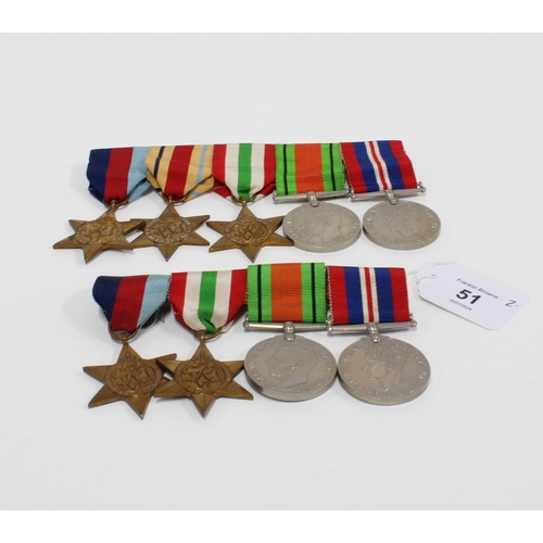 51 - WWII group of five medals with ribbon bar and a WWII group of four medals with ribbon bar