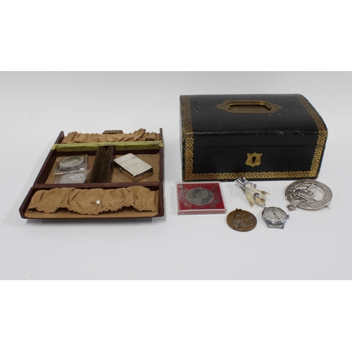 52 - Two 19th century leather jewellery boxes and a collection of commemorative coins and a shooting meda... 