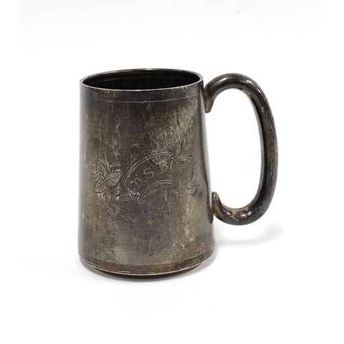 66 - Early 20th century tankard with foliate engraved pattern and inscribed with initials, base marked St... 