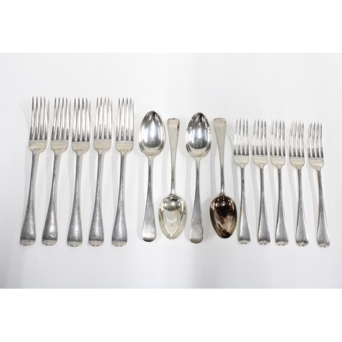 68 - Set of five Scottish Hanoverian pattern silver table forks, five smaller forks and  four silver spoo... 