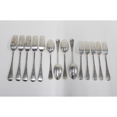 68 - Set of five Scottish Hanoverian pattern silver table forks, five smaller forks and  four silver spoo... 