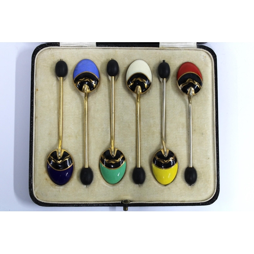 71 - Harlequin set of six enamel and gilt coffee spoons, in fitted case (6)