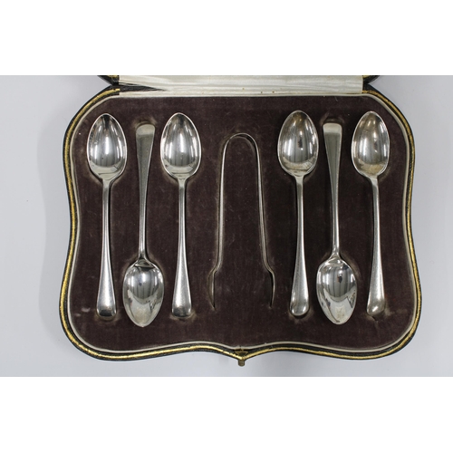 74 - George V cased set of six silver teaspoons with matching sugar tongs, Sheffield 1915