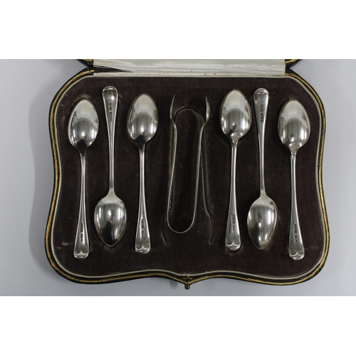 74 - George V cased set of six silver teaspoons with matching sugar tongs, Sheffield 1915