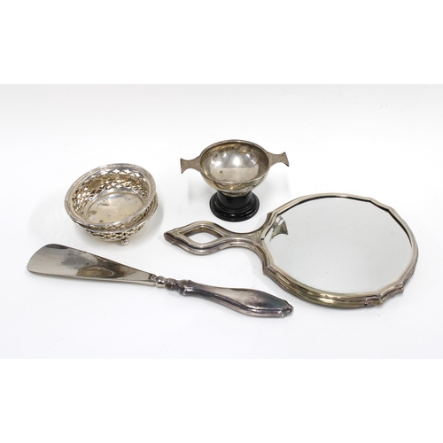 86 - A pair of Birmingham silver bonbon dishes and a small quaich, a silver handled shoe horn and a silve... 