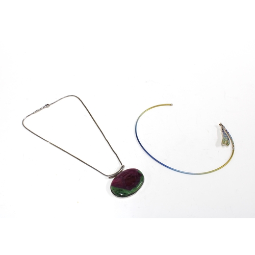 38 - A titanium choker with enamel dragonfly wing together with a hardstone pendant necklace (2)