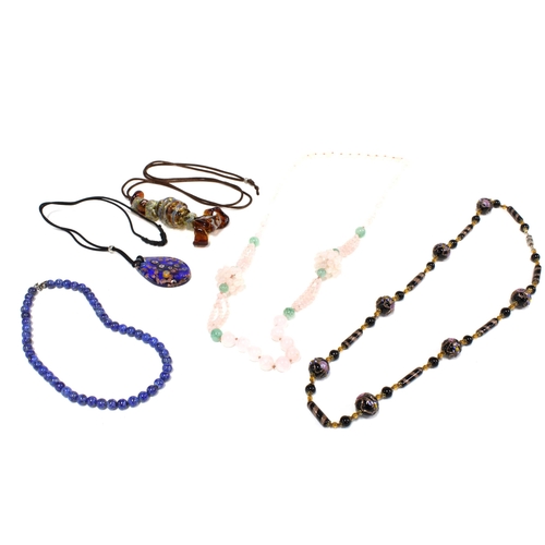 39 - Five bead strand necklaces to include jadeite, lapis and glass (5)