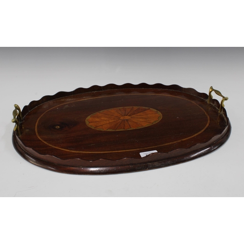 506 - Mahogany and paterae inlay tray with brass handles, 57cm long