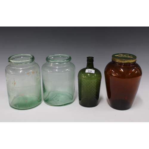 510 - Vintage Virol Ltd glass jar with metal lid 23cm high, a green glass bottle with hatched pattern and ... 