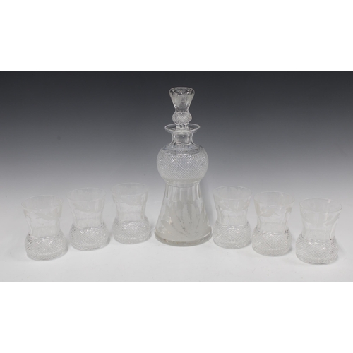 513 - Edinburgh Crystal thistle pattern decanter with stopper and set of six beakers (7)