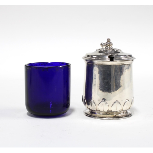 59 - Hamilton & Inches silver mustard pot with blue glass liner, marks worn, 8cm high