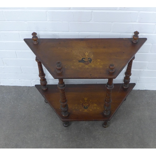 524 - Mahogany inlaid two tier whatnot, 66 x 62 x 27cm.