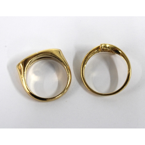 10 - 18ct gold crossover ring, stamped 750 and an unmarked yellow metal single stone diamond ring (2)