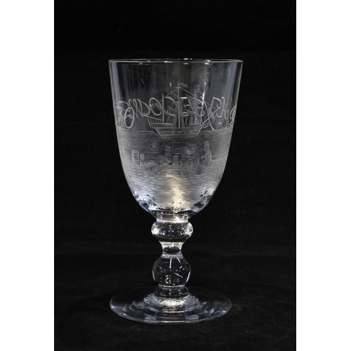 110 - Thomas Webb & Sons 'Mayflower' clear glass goblet, engraved by Cyril Kimberley, signed. 9 x 16.5cm.