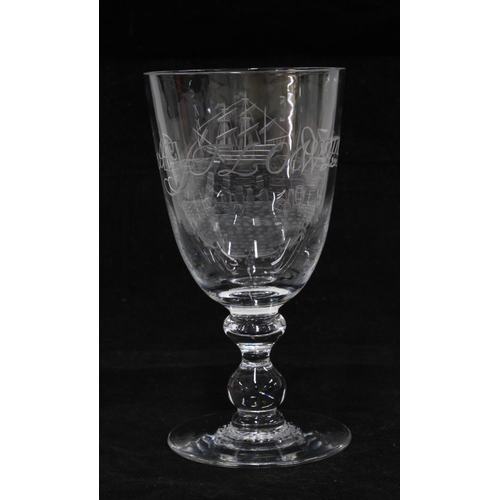 110 - Thomas Webb & Sons 'Mayflower' clear glass goblet, engraved by Cyril Kimberley, signed. 9 x 16.5cm.