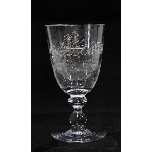 110 - Thomas Webb & Sons 'Mayflower' clear glass goblet, engraved by Cyril Kimberley, signed. 9 x 16.5cm.