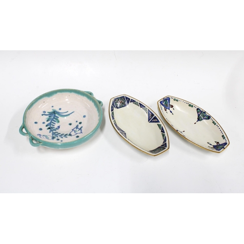 112 - Glasgow Girls Scottish pottery to include a Mary Newbery Sturrock dish and two oval dishes by M. Mil... 