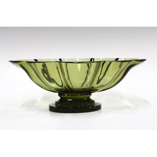 120 - MOSER style faceted green glass bowl on a pedestal foot, 31 x 11cm.