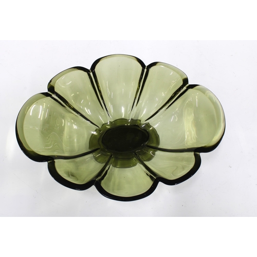 120 - MOSER style faceted green glass bowl on a pedestal foot, 31 x 11cm.