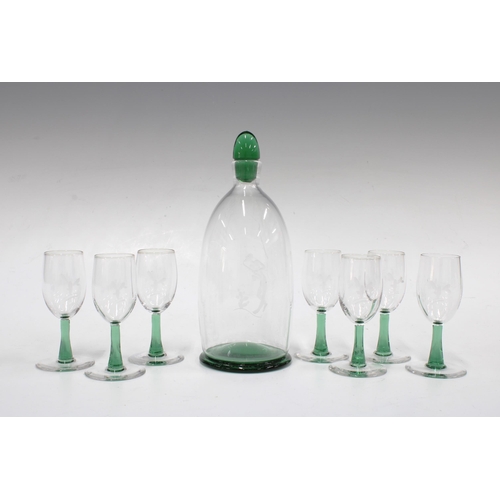 122 - Orrefors glass liqueur set, the clear glass decanter with green footrim and stopper,   and set of se... 