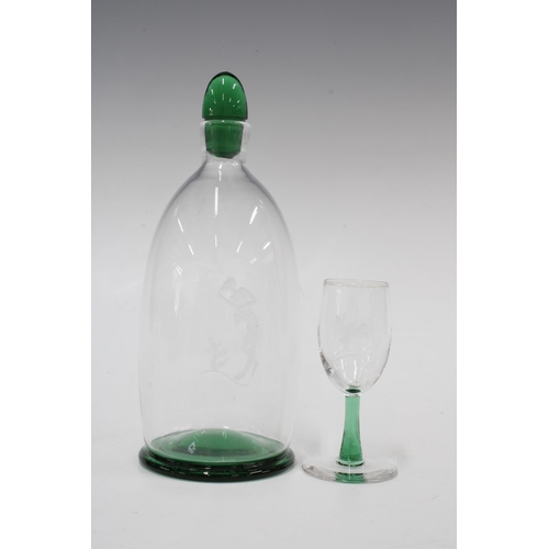 122 - Orrefors glass liqueur set, the clear glass decanter with green footrim and stopper,   and set of se... 