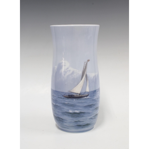 124 - A large Royal Copenhagen vase with sailing yacht pattern 1484, printed factory marks, 13 x 27cm.