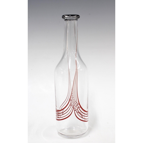 129 - OLLE ALBERIUS for Orrefors, clear glass bottle carafe with red swirls, etched mark Orrefors Expo A.5... 