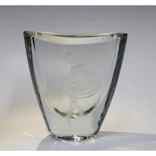 136 - Stromberg Swedish art glass vase with engraved ballerina pattern, signed, 14 x 15cm.