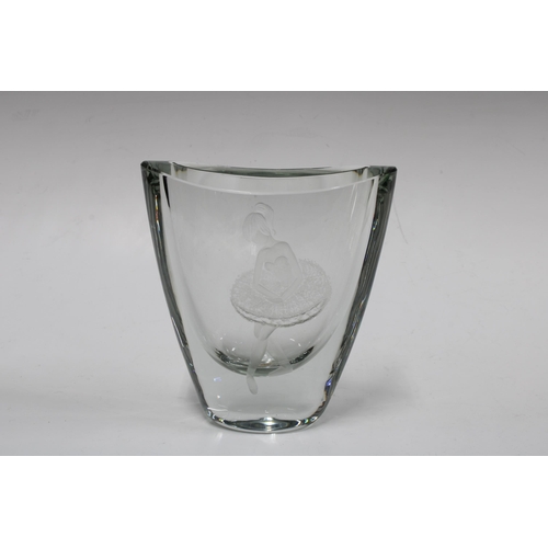 136 - Stromberg Swedish art glass vase with engraved ballerina pattern, signed, 14 x 15cm.