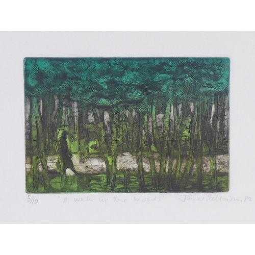 164 - JANET PATTERSON (SCOTTISH b.1941) A WALK IN THE WOODS, coloured etching 5/10, signed and framed unde... 