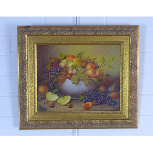 165 - MULLER, STILL LIFE WITH BOWL OF FRUIT, signed oil on board, gilt frame,  29 x 23cm