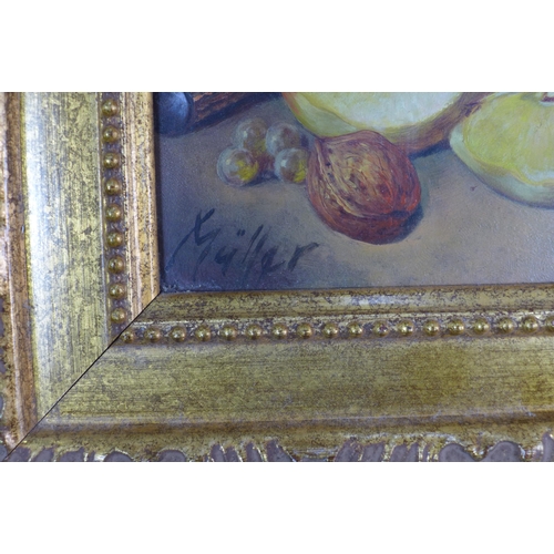 165 - MULLER, STILL LIFE WITH BOWL OF FRUIT, signed oil on board, gilt frame,  29 x 23cm