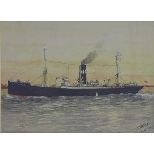 166 - A.T. YELDING, early 20th century watercolour of a ship, signed and dated Xmas 1915, framed under gla... 