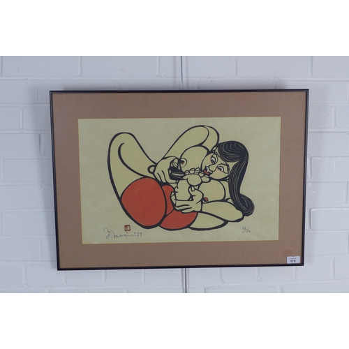 170 - MORI HASAMI , TOE CUTTING, coloured stencil on paper, numbered 12/50, 56 x 36cm signed and framed un... 