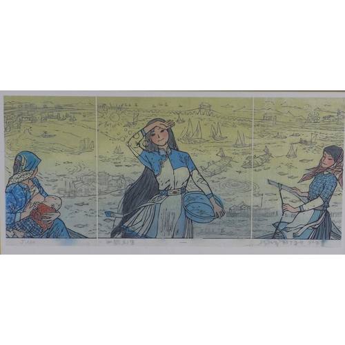 173 - ASIAN SCHOOL, coloured woodblock, signed and framed under glass, 50 x 21cm