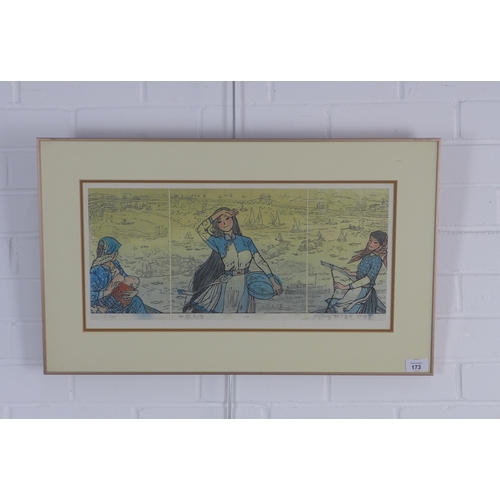 173 - ASIAN SCHOOL, coloured woodblock, signed and framed under glass, 50 x 21cm