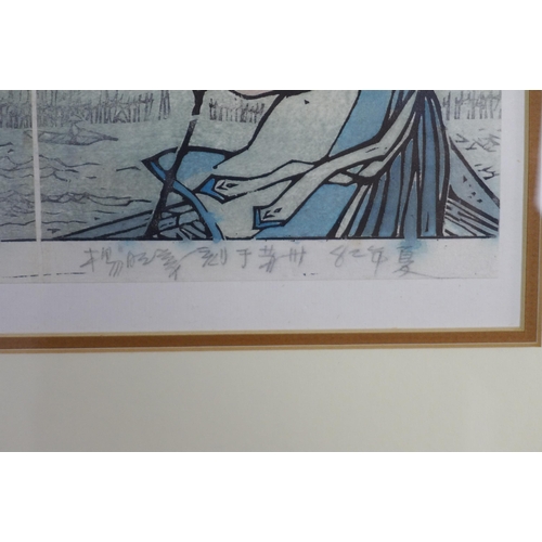 173 - ASIAN SCHOOL, coloured woodblock, signed and framed under glass, 50 x 21cm