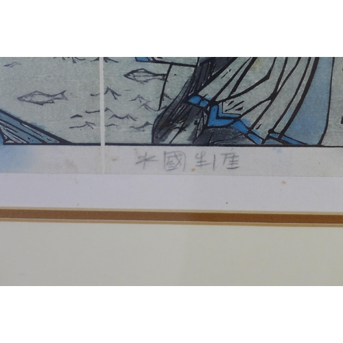 173 - ASIAN SCHOOL, coloured woodblock, signed and framed under glass, 50 x 21cm