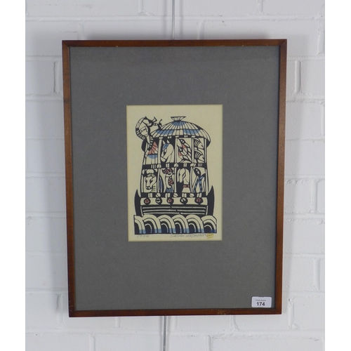 174 - SADAO WATANABE (1913-96) NOAH'S ARK woodblock print, signed and dated 1974, framed under glass, 18 x... 