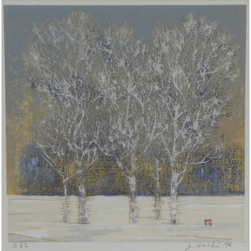 175 - JOICHI HOSHI  (Japanese, 1913-1979) textured woodblock on paper of trees with gilt background, signe... 