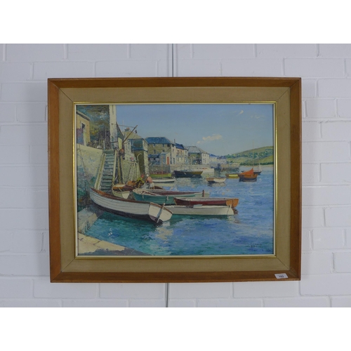 182 - DONALD GREIG F.R.S.A. (1916-2009) THE QUAYSIDE, SALCOMBE, signed oil on canvas, framed and with titl... 