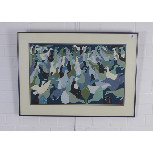 187 - JAPANESE SCHOOL, coloured lithograph of birds, signed with a red seal, framed under glass, 59 x 39cm